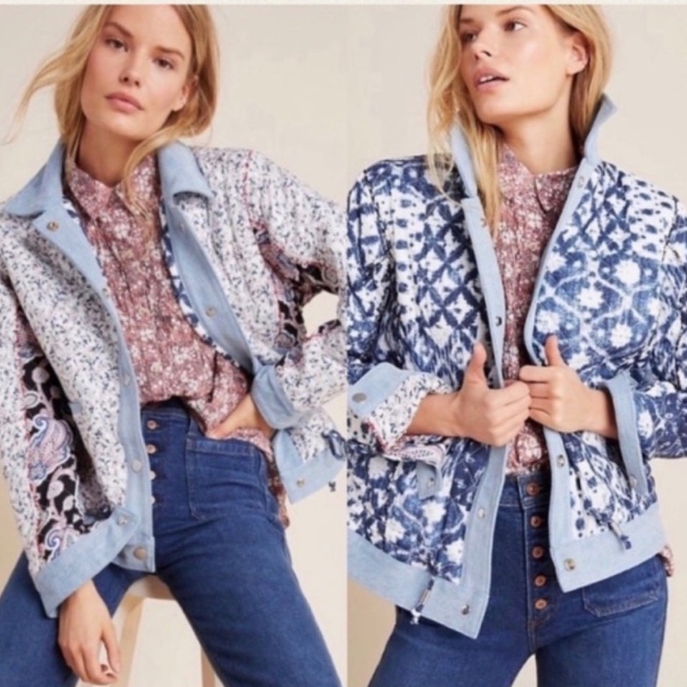 NWT Blank NYC Anthropologie Reversible Patchwork Denim cotton Jeans Jacket Sz XL